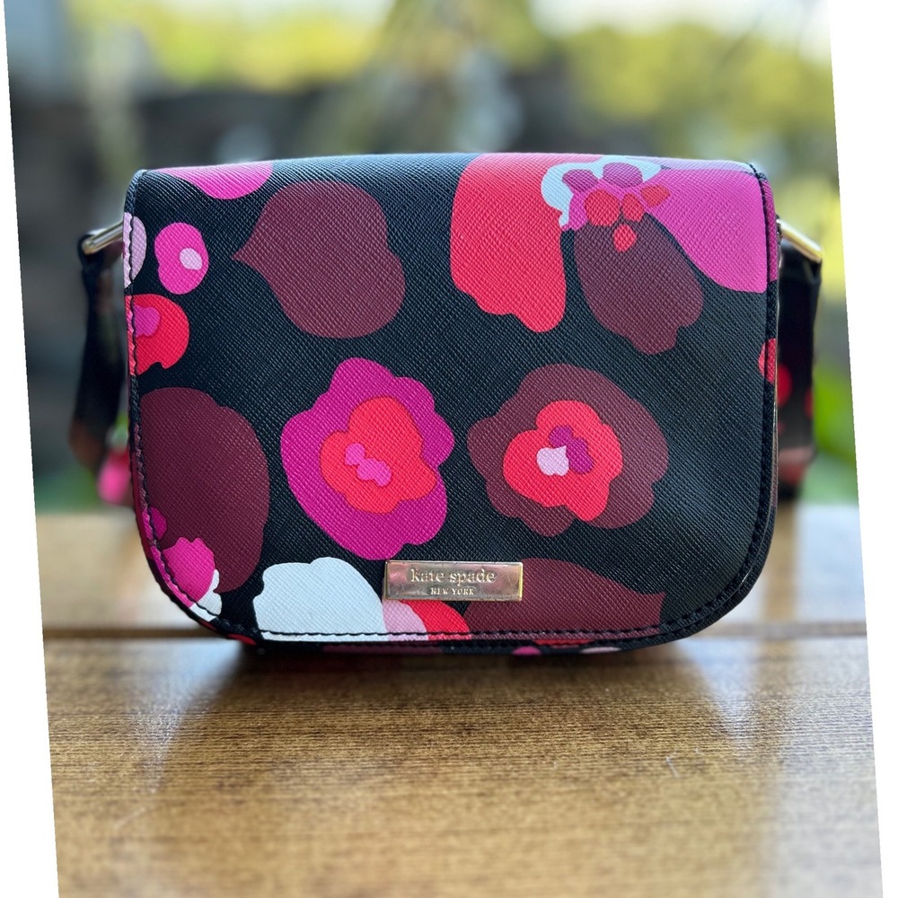 Kate Spade Laurel Way Carsen Lilah Floral Crossbody Bag Black Pink Leather Chic